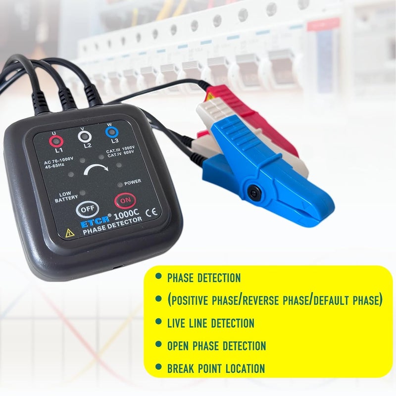 ETCR1000C Non-Contact Phase Sequence Tester, Phase Rotation Meter, AC 70-1000V, Wire Diameter 0.06-0.6inch - Image 3
